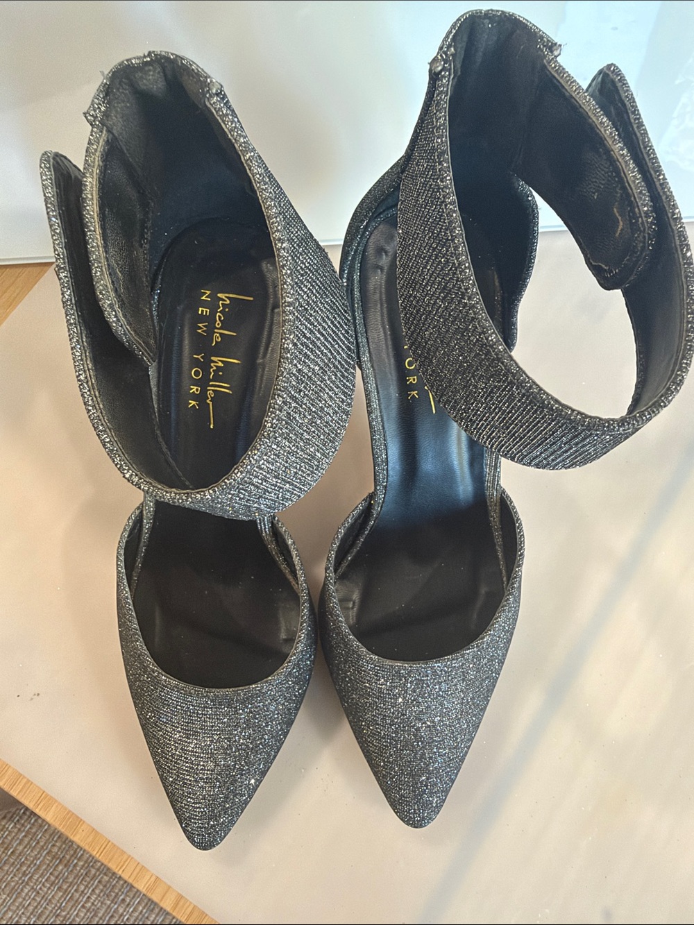 Nicole Miller Glitter Pointed-Toe Ankle-Strap Heels in Silver